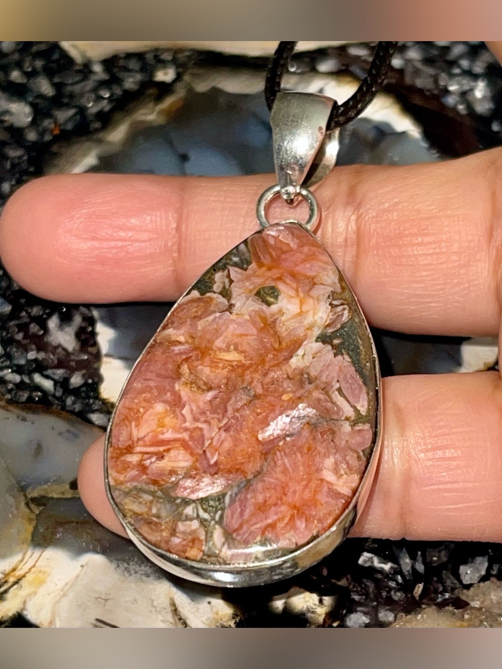 Pink Rhodochrosite in Pyrite Pendant 2 1/4”